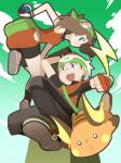 2018 3:4 5_fingers ambiguous_gender back_markings bandanna blue_eyes brendan_(pokemon) brown_hair clothed clothing female fingerless_gloves fingers footwear generation_1_pokemon gloves gloves_(marking) great_ball green_sky group hair handwear hat headgear headwear holding_object holding_pokeball human kerchief low-angle_view male mammal markings may_(pokemon) nintendo open_mouth open_smile orange_body pokeball pokemon pokemon_(species) pokemon_trainer raichu rairai-no26-chu shoes sky smile sneakers yellow_cheeks