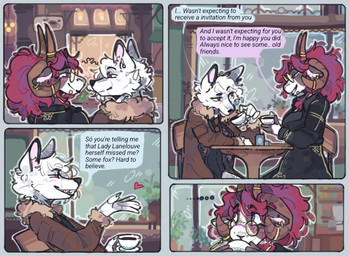 anthro beverage blush breasts cafe clothed clothing coat coffee dialogue duo eyewear female fur glasses gold_(metal) gold_jewelry hair heart_symbol horn jewelry looking_at_another male male/female open_mouth red_hair speech_bubble street tail text topwear white_body white_fur wool_(fur) snowfoxy66 snow_(snowfoxy66) valleria_(vellbell) arctic_fox bovid canid canine caprine domestic_sheep fox jacob_sheep mammal sheep true_fox comic digital_media_(artwork) english_text