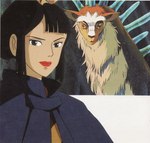 black_hair brown_body brown_fur duo female fur hair lipstick makeup red_eyes white_body white_fur unknown_artist ghibli princess_mononoke lady_eboshi shishigami human mammal spirit hi_res official_art