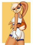 anthro basketball_uniform blonde_hair bottomwear breasts butt clothed clothing female green_body hair hotpants scut_tail short_tail shorts solo sportswear tail tune_squad_outfit tune_squad_outfit_(1996) uniform yellow_body alonsy looney_tunes space_jam warner_brothers lola_bunny lagomorph leporid mammal rabbit hi_res