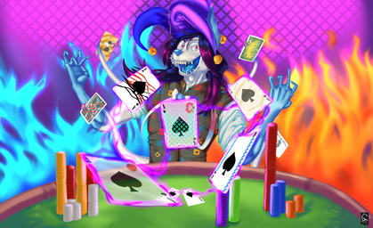 ace_of_spades anthro blue_body blue_fur card clothed clothing fire fool's_hat fully_clothed fur hat headgear headwear joker_(playing_card) male maniacal_laughing playing_card poker poker_chip poker_table solo white_body white_fur jegzzeru(g.) balatro nintendo pokemon pixylatte eeveelution generation_6_pokemon pokemon_(species) shiny_pokemon sylveon absurd_res hi_res