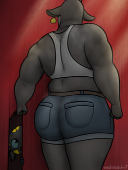anthro belt big_butt black_body blue_eyes bodily_fluids bottomwear butt clothing crop_top denim denim_bottomwear denim_clothing denim_shorts duo ear_piercing ear_tag faceless_character faceless_female female fingers fur grey_body grey_fur hiding hooved_fingers hooves horn looking_at_another male open_mouth piercing shirt shorts slightly_chubby sweat sweat_stain sweatdrop sweaty_arms sweaty_back sweaty_body sweaty_head sweaty_legs sweaty_thighs text thick_thighs tight_bottomwear tight_clothing tight_shorts topwear oystercatcher7 coffee_stain_studios epic_games fortnite goat_simulator axo_(fortnite) pilgor_(goat_simulator) amphibian aquatic axolotl bovid caprine goat mammal mole_salamander salamander 2026 artist_name hi_res signature