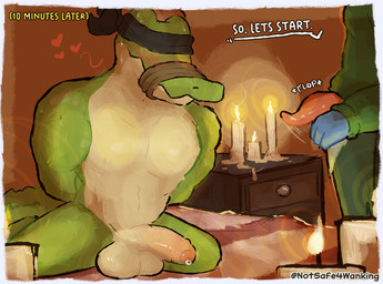 anthro anthro_on_anthro balls bdsm beak bed blindfold blush bodily_fluids bondage bound bound_muzzle candle candlelight covered_eyes dialogue duo erection feathers furniture genital_fluids genitals green_body heart_symbol humanoid_genitalia imminent_sex larger_male light male male/male male_anthro nude on_bed penile penis restraints scales sex simple_background size_difference smaller_male speech_bubble submissive tail text underbelly notsafeforwanking avian bird black-and-white_warbler crocodile crocodilian oscine passerine reptile scalie warbler english_text hi_res