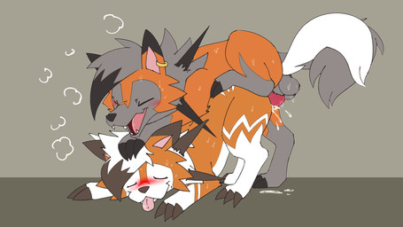 ambiguous_gender ambiguous_penetrated balls blush bodily_fluids claws countershade_face countershade_fur countershade_torso countershading cum cum_inside dipstick_ears duo ear_markings ear_piercing ear_ring eyes_closed fangs feral feral_on_feral feral_penetrated feral_penetrating feral_penetrating_feral fur genital_fluids genitals intraspecies knot knotted_penis male male/ambiguous male_penetrating male_penetrating_ambiguous multicolored_ears open_mouth penetration penis piercing quadruped ring_piercing sex spikes spikes_(anatomy) tail teeth tongue tongue_out vogold nintendo pokemon canid canine dusk_lycanroc generation_7_pokemon lycanroc mammal pokemon_(species) 16:9 hi_res widescreen