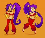 breasts cleavage clothed clothing ear_piercing ear_ring female footwear hair humanoid_pointy_ears long_hair looking_at_viewer multiple_poses not_furry piercing pointy_ears ponytail pose purple_hair ring_piercing shoes simple_background smile solo tan_body tan_skin dingitydingus shantae_(series) wayforward shantae genie humanoid hi_res signature