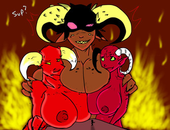 breasts female fire group hell horn macro nipples not_furry text unknown_artist demon english_text mother_(lore) parent_(lore) sibling_(lore) sister_(lore) sisters_(lore)