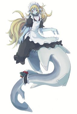 accessory blonde_hair blue_body blue_skin clothed clothed_female clothing female furgonomics hair long_hair maid_headdress maid_uniform pointy_ears simple_background solo split_form tail tail_accessory uniform white_background whitechip aquatic fish fish_taur shark shark_taur