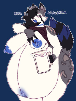 anthro belly big_belly big_breasts big_butt blue_blush blue_eyes blue_mouth blue_neckline blue_nipples blue_tail blush bodily_fluids breast_milking breasts butt container female lactating milk_container milk_jug neckline nipples open_mouth pregnant pregnant_anthro pregnant_female solo tail thick_thighs wide_hips yawn carpallove european_mythology irish_mythology mayternity_2026 mythology rivela_(rivetstheblue) dullahan felid hybrid mammal pantherine procyonid raccoon snow_leopard absurd_res alpha_channel hi_res