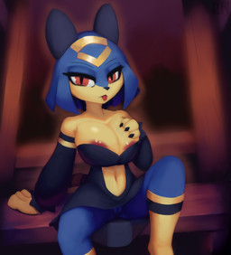 anthro areola areola_slip big_breasts blep blue_body breasts clothed clothing female fur genitals hair looking_at_viewer palmorph solo tail tongue tongue_out upskirt vulva yellow_body lennoxicon palworld pocketpair domestic_cat felid feline felis mammal pal_(species) sekhmet_(pal) 2025 absurd_res digital_media_(artwork) hi_res