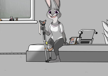 4_fingers amputee anthro bodily_fluids buckteeth clothed clothing crying disability eyelashes female fingers fur looking_at_viewer photo prosthetic prosthetic_leg prosthetic_limb purple_eyes scar shirt solo tears teeth topwear caltro disney zootopia judy_hopps nick_wilde canid canine fox lagomorph leporid mammal rabbit 2016