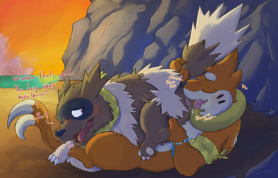 anal beach blush bodily_fluids bracelet dialogue dripping duo feral fur grey_body grey_fur jewelry looking_at_another looking_at_partner looking_back looking_back_at_another looking_back_at_partner looking_pleasured lying lying_on_ground male male/male on_back on_ground onomatopoeia oral orange_body orange_fur outside rimming saliva saliva_drip saliva_on_anus saliva_on_tongue sand sex sound_effects sunset tail tail_grab text tongue tongue_out water white_body white_fur verdantotter nintendo pokemon pokemon_mystery_dungeon spike_chunsoft buizel generation_3_pokemon generation_4_pokemon pokemon_(species) zigzagoon 2026 digital_drawing_(artwork) digital_media_(artwork) english_description english_text hi_res