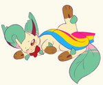 ambiguous_gender bedding blanket bow_tie feral fur leaf lgbt_pride pansexual_pride_colors pride_color_blanket pride_colors raised_leg smile solo yellow_body yellow_fur bloowolfy nintendo pokemon eeveelution generation_4_pokemon leafeon pokemon_(species) 2024 hi_res