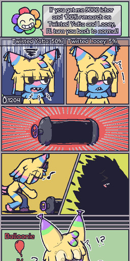 anthro balloon blush blush_lines blush_stickers dialogue female gameplay_mechanics inflatable spiral spiral_eyes text transformation yellow_body oagoner blushcrunch_studio dandy's_world roblox dandy_(dandy's_world) yatta_(dandy's_world) animate_inanimate living_balloon living_inflatable aliasing comic digital_media_(artwork) english_text hi_res