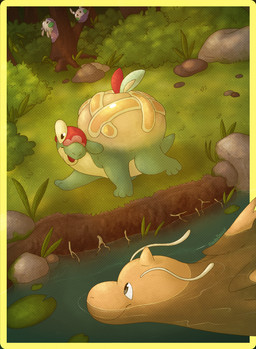 antennae_(anatomy) climbing climbing_tree day feral forest grass horn in_tree lily_pad looking_at_another moss outside plant quadruped river rock roots shrub smile swimming tree walking water nardodraws nintendo pokemon appletun dragonite generation_1_pokemon generation_6_pokemon generation_8_pokemon goomy pokemon_(species) 2025 hi_res signature