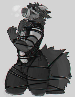 anthro arms_tied bdsm blindfold bondage bound breath bulge claws clothing fangs fur gag gagged hair hands_tied horn male muzzle_(object) muzzled restraints rope rope_bondage simple_background solo teeth thick_thighs toddnet khan_(jeanx) furred_kobold furred_scalie hybrid kobold scalie 2017