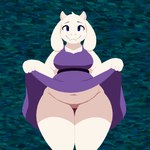 anthro blue_eyes bottomless breasts clothed clothing female flashing flashing_pussy genitals horn looking_at_viewer mature_female navel no_underwear pussy slightly_chubby smile solo teasing thick_thighs thigh_gap upskirt wide_hips anxietyfilledfluf undertale_(series) toriel bovid caprine goat mammal 1:1