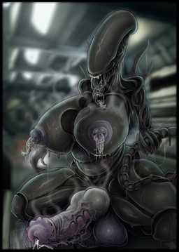 balls balls_on_ground belly big_breasts black_border bodily_fluids border breasts cheek_window crouching cum dark_body ejaculation genital_fluids genitals herm intersex knot knotted_penis licking nipple_mouth nipples penis purple_balls purple_nipples purple_penis saliva solo steam sweat thick_thighs tongue tongue_out saintmarmo alien_(franchise) alien alien_humanoid humanoid xenomorph absurd_res hi_res