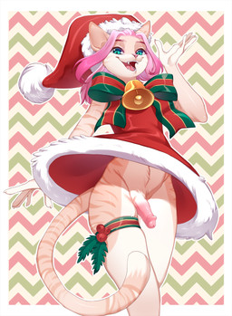 5_fingers anthro bell bottomless bow_(feature) christmas_clothing christmas_headwear claws clothed clothing crossdressing dipstick_tail dress femboy fingers front_view fur fur_trim_(clothing) genitals hair hat headgear headwear holidays humanoid_genitalia humanoid_penis legband looking_at_viewer makeup male markings mascara multicolored_tail no_underwear open_mouth open_smile outline pattern_background penis pink_hair pupils red_clothing red_topwear santa_hat simple_background slit_pupils smile solo standing stripes tail tail_markings tan_body tan_fur teal_eyes teeth tongue topwear white_body white_fur wide_hips iwbitu christmas felid mammal digital_media_(artwork) hi_res portrait shaded three-quarter_portrait