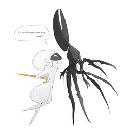 6_arms alternate_form anthro biped black_body dialogue duo female female/female looking_at_another looking_up_at_another mouthless multi_arm multi_limb side_view simple_background size_difference speech_bubble talking_to_another text white_background white_body justdog hollow_knight:_silksong hollow_knight_(franchise) team_cherry hornet_(hollow_knight) lace_(hollow_knight:_silksong) arthropod humanoid insect 2025 digital_drawing_(artwork) digital_media_(artwork) english_text hi_res