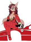 anthro armor blue_eyes bra breasts car cleavage clothed clothing female headgear helmet jumpsuit looking_at_viewer nipples open_jumpsuit racing_suit scar sitting solo underwear vehicle zipper_down velvetomo ferrari sonoracers lucia_martina canid canine canis mammal wolf absurd_res hi_res