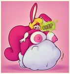 2023 absurd_res anthro anthro_pred belly big_belly big_breasts blonde_hair breasts buckteeth burp_cloud burping digestion digestion_noises digital_media_(artwork) female female_pred hair hand_on_hip hi_res huge_belly huge_breasts hybrid lagomorph leaning leaning_forward leporid mammal navel pink_body rabbit solo struggling struggling_prey stunnerpony tail teeth thick_tail vore