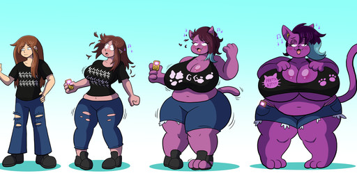 blue_eyes bodily_fluids bottomwear breast_expansion breasts brown_hair cleavage clothed clothing denim denim_bottomwear denim_clothing denim_shorts drooling earbuds electronics expansion female fur gender_transformation glowing glowing_eyes hair hair_loss half-closed_eyes headphones hypnosis jeans long_hair looking_pleasured male male_human mind_control mtf_transformation multicolored_hair music musical_note musical_symbol narrowed_eyes open_mouth pants pink_eyes portable_music_player purple_body purple_fur saliva shirt shoe_loss short_hair shorts symbol symbol_on_clothing tan_body text text_on_clothing text_on_topwear thick_thighs topwear torn_bottomwear torn_clothing torn_jeans torn_pants transformation weight_gain grepstrash felid feline felis human mammal colored english_text hi_res