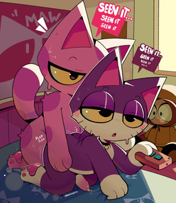 anal anal_penetration anthro anthro_on_anthro anthro_penetrated anthro_penetrating anthro_penetrating_anthro bed bed_sheet bedding bedroom bedroom_eyes black_body black_fur blush blush_lines bodily_fluids bored butt butt_grab collar detailed_background distracted distracted_sex doggystyle dripping duo eyeshadow feet from_behind_position fur furniture genital_fluids genitals grabbing_sheets half-closed_eyes hand_on_butt humanoid_genitalia humanoid_penis makeup male male/male male_penetrated male_penetrating male_penetrating_male markings motion_lines multicolored_body multicolored_fur narrowed_eyes nude on_bed onomatopoeia pawpads paws penetration penis plushie poster precum precum_drip purple_body purple_eyeshadow purple_fur seductive sex sound_effects speech_bubble sweat sweatdrop tail tail_markings text tv_remote whiskers white_body white_fur white_penis yellow_eyes mistakeharvest nosensebeing animal_crossing comedy_central nintendo south_park bob_(animal_crossing) kenneth_mccormick punchy_(animal_crossing) domestic_cat felid feline felis mammal absurd_res hi_res