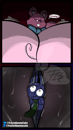 anthro artist_watermark between_breasts big_breasts blue_body blue_bow_tie blue_countershading blue_inner_ear bodily_fluids body_between_breasts bow_tie breast_squish breasts countershade_breasts countershade_torso countershading dark dialogue dominant dominant_female drooling duo empty_eyes exclamation_point eyelashes female glowing glowing_eyes green_necktie heart_symbol huge_breasts hyper hyper_breasts larger_female logo male motion_lines mouse_tail neck_bow necktie onomatopoeia paws pink_body pink_inner_ear pink_text plushie round_ears saliva scared shaking shivering size_difference smaller_male sound_effects speech_bubble squish stylized_empty_eyes sweat sweatdrop sweaty_breasts tail text tilde_after_text twitter_logo frostedbunnycake bluesky_(social_media) lovedoll_toy_factory twitter jerri_(gremlingrounded) teddi_(gremlingrounded) animate_inanimate bear living_plushie mammal mouse murid murine rodent 2025 absurd_res artist_logo artist_name cel_shading english_text hi_res shaded