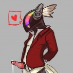 accessory anthro armor bodily_fluids clothing cock_ring erection genital_fluids genitals grey_background headgear helmet jewelry male penis penis_accessory penis_jewelry precum simple_background solo gibletfest awesomenauts daft_punk rocco_(awesomenauts) accipitrid accipitriform avian bird 1:1