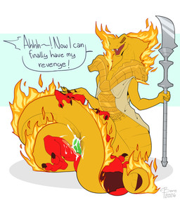 anthro armor bodily_fluids coiling cum cum_drip cum_in_vagina cum_inside cum_on_body cum_on_penis dripping duo female fire flaming_tail genital_fluids genitals gold_(metal) gold_armor gold_body gold_scales green_penis headpat male male/female penetration penis red_body red_skin scales scepter spikes tail tail_coil tattoo text bere_dolly_art aspheera_(ninjago) rebal_(malicious) lizard reptile scalie serpentine_(ninjago) absurd_res hi_res