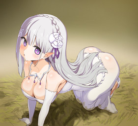 all_fours armwear big_breasts big_butt blush breasts butt cleavage clothed clothing dress elbow_gloves female glistening glistening_breasts gloves grey_hair hair handwear hay jewelry kneeling light_body light_skin long_hair not_furry pointy_ears purple_eyes solo white_armwear white_clothing white_dress white_elbow_gloves white_gloves white_hair white_handwear mayo_(artist) re:zero emilia_(re:zero) elf humanoid absurd_res hi_res