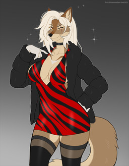 anthro big_breasts black_choker black_clothing black_jacket black_jewelry black_legwear black_necklace black_stockings black_topwear breasts cheek_tuft choker clothed clothing collarbone dress eye_scar eyelashes facial_scar facial_tuft female fingers gesture hair hand_gesture jacket jewelry legwear long_hair looking_at_viewer necklace one_eye_closed open_clothing open_jacket open_topwear pattern_clothing pattern_dress pointing pointing_at_self scar smile snout solo stockings striped_clothing striped_dress stripes tail topwear tuft white_hair yellow_eyes kitsunewaffles-chan canid canine mammal colored digital_drawing_(artwork) digital_media_(artwork) flat_colors hi_res