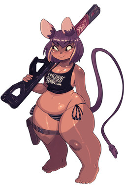 animal_ears anthro barefoot big_breasts black_clothing black_shirt black_tank_top black_topwear breasts cleavage clothed clothing feet female gun holding_gun holding_object holding_ranged_weapon holding_rifle holding_weapon looking_aside overweight overweight_female ranged_weapon rifle shirt smile solo tail tank_top text text_on_clothing text_on_shirt text_on_tank_top text_on_topwear thick_thighs topwear weapon wide_hips rapscallion animal_humanoid humanoid mammal mammal_humanoid murid murid_humanoid murine murine_humanoid rat rat_humanoid rodent rodent_humanoid tailed_humanoid english_text hi_res