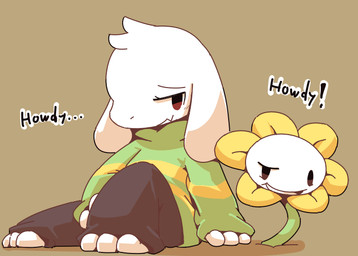 anthro clothed clothing duo ellipsis exclamation_point flower male open_mouth plant simple_background square_crossover text young young_anthro young_male crepix undertale undertale_(series) asriel_dreemurr flowey_the_flower boss_monster_(undertale) bovid caprine elemental_creature flora_fauna flower_creature mammal 2015