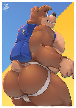 anthro backpack balls barazoku big_butt big_muscles big_pecs black_nose blue_eyes body_hair brown_body brown_fur bubble_butt bulge butt butt_hair clothed clothing facial_hair fur genitals jockstrap jockstrap_only male musclegut muscular nipples overweight overweight_anthro overweight_male pecs rear_view short_tail smile solo tail topless underwear underwear_only boar_on_board banjo-kazooie rareware banjo_(banjo-kazooie) bear mammal 2025 absurd_res hi_res
