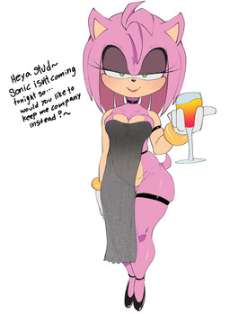 accessory anthro beverage black_clothing black_footwear black_nose black_shoes bracelet breasts choker cleavage clothed clothing dialogue dress female footwear front_view fur genitals gloves green_eyes grey_clothing grey_dress hair hair_accessory hairband handwear head_tuft holding_beverage holding_object jewelry looking_at_viewer navel necklace no_underwear pink_body pink_fur pink_hair short_hair simple_background smile solo talking_to_viewer tan_body tan_fur text translucent translucent_clothing translucent_dress tuft vulva white_background white_clothing white_gloves white_handwear meweeze sega sonic_the_hedgehog_(series) amy_rose eulipotyphlan hedgehog mammal english_text hi_res