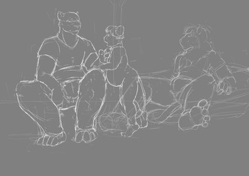 anthro claws clothed clothing collar collar_pull feet fur furniture grey_background group hair male male/male muscular nude simple_background sitting size_difference slave sofa standing toes trio jeri_kleinlowe bear felid lion mammal mouse murid murine pantherine rodent digital_media_(artwork) monochrome sketch