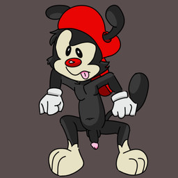 anthro balls black_body black_fur clothing crouching eyebrows flaccid fur genitals gloves handwear hat headgear headwear humanoid_genitalia humanoid_penis male navel nude penis raised_eyebrow red_nose solo tongue tongue_out young young_anthro young_male noiretta animaniacs warner_brothers wakko_warner canid canine canis domestic_dog humanoid mammal 1:1