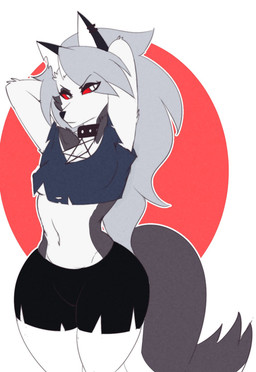 anthro black_bottomwear black_clothing black_shorts blue_clothing blue_topwear bottomwear clothed clothing collar crop_top ear_piercing female front_view fur grey_hair hair hands_behind_head long_hair looking_at_viewer midriff navel piercing pupils red_background red_sclera shirt shorts shoulderless_shirt simple_background slit_pupils solo studded_collar studs thick_thighs topwear white_background white_body white_eyes white_fur wide_hips simoncross hellaverse helluva_boss mythology loona_(helluva_boss) canid canid_demon canine demon hellhound mammal mythological_canine mythological_creature hi_res