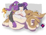 anthro belly big_belly blue_hair breasts clothed_female clothing container digit_ring duo feeding feet female food hair huge_belly huge_thighs hyper hyper_belly hyper_thighs immobile jewelry long_hair male male/female moobs morbidly_obese morbidly_obese_male obese obese_male overweight overweight_male pizza pizza_box pizza_slice ring shirt slob text thick_thighs toe_ring toes topwear torn_clothing torn_shirt torn_topwear trash anonymous_artist nintendo pokemon froco sebrina_arbok arbok fish generation_1_pokemon marine pokemon_(species) requiem_shark sandbar_shark shark 4:3 absurd_res english_text hi_res