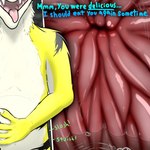 anthro bodily_fluids dialogue endosoma esophageal_sphincter first_person_view fur hand_on_belly internal male organs prey_pov safe_vore solo stomach talking_to_viewer text tongue tongue_out vore yellow_body yellow_fur carbonicedragon sergal 1:1 english_text hi_res