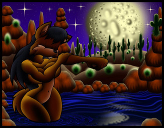anthro bathing big_breasts black_hair breasts brown_body brown_fur cactus eyes_closed featureless_crotch female fur hair moon multicolored_body multicolored_fur navel night plant sky solo star starry_sky tan_body tan_fur two_tone_body two_tone_fur water virus-20 june_coyote canid canine canis coyote mammal 2010 digital_media_(artwork)