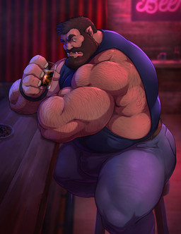 5_fingers alcohol arm_hair bar beard belt beverage big_bulge big_muscles black_hair body_hair bottomwear bulge clothing denim denim_bottomwear denim_clothing facial_hair fingers green_eyes hair hairy huge_muscles humanoid_pointy_ears jeans looking_at_viewer male muscular muscular_humanoid muscular_male mustache not_furry pants pointy_ears shirt sitting solo tan_body tan_skin tank_top tight_clothing topwear tusks grisser humanoid orc 2019 absurd_res hi_res