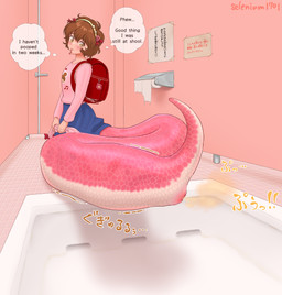 accessory animal_genitalia apode backpack bathroom blue_bottomwear blue_clothing blue_skirt bottomwear brown_hair cloaca clothed clothing dialogue fart female forked_tongue genitals hair hair_accessory hairband inside legless loli looking_back multicolored_body pink_body pink_clothing pink_shirt pink_topwear pooping print_clothing print_shirt print_topwear public_restroom pupils scales serpentine shirt sign skirt slit_pupils solo sound_effects split_form text thought_bubble toilet toilet_paper toilet_use tongue topwear white_body young selenium1701 animal_humanoid draconcopode humanoid lamia reptile scalie snake absurd_res artist_name english_text hi_res japanese_text unavailable_at_source