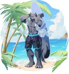 abs anthro beach biceps bracelet clothing cloud fur grey_body jewelry male muscular muscular_anthro muscular_male one_eye_closed outside palm_tree pecs plant ring sand scar scars_all_over sea seaside sky standing surfboard swimming_trunks swimwear tail tree water wink 567wzh elden_ring fromsoftware blaidd_(elden_ring) elden canid canine canis mammal wolf absurd_res digital_media_(artwork) hi_res