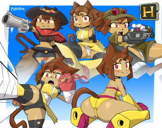 4_fingers anthro belt big_breasts big_butt blush blush_lines bottomwear breasts brown_hair brown_tail butt cape chaps clothed clothing cowboy_hat denim denim_bottomwear denim_clothing denim_skirt eyebrow_through_hair eyebrows eyelashes eyewear eyewear_on_head female fingerless_gloves fingers gloves gun gun_arm hair handgun handwear hat headgear headwear kick legwear looking_at_viewer looking_back midriff miniskirt multiple_poses open_mouth panties pose ranged_weapon red_clothing red_panties red_underwear revolver short_hair skirt solo sunglasses sunglasses_on_head tail teeth text thick_thighs thigh_highs translucent translucent_hair underwear upskirt weapon weapon_arm wearing_sunglasses whiskers white_clothing white_panties white_underwear wraps psakorn_tnoi gameoverse glitch_productions kit_bodega domestic_cat felid feline felis mammal 2026 absurd_res artist_name hi_res