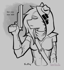 anthro cosplay female guardian_(destiny) gun handcannon hunter ranged_weapon sky solo star text weapon seadewgin bungie destiny_(series) destiny_2 cayde-6 lau_miha_petit_(x45boy) mona_alua_atrishi bird_dog canid canine canis cocker_spaniel domestic_dog hunting_dog mammal mixed_breed shiba_inu spaniel spitz absurd_res hi_res sketch