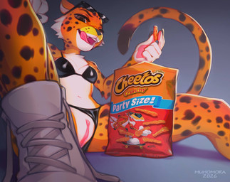 anthro breasts clothing crossgender eyewear female footwear fur genitals looking_at_viewer markings mascot orange_body orange_fur shoes sneakers solo spots spotted_body sunglasses text tongue vulva muhomora cheetos chester_cheetah cheetah felid feline mammal english_text hi_res
