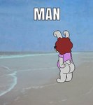 ambiguous_gender anthro big_butt big_ears black_nose buckteeth butt clothing cotton_tail ears_up fluffy fluffy_hair hair huge_butt humor long_ears looking_away male nub_tail photo photo_background purple_clothing purple_shirt purple_topwear red_hair sand sea shirt shitpost small_tail solo tail teeth text topwear unusual_hair water harleyfunnycat man_meme animal_humanoid humanoid lagomorph lagomorph_humanoid leporid leporid_humanoid mammal mammal_humanoid rabbit rabbit_humanoid absurd_res digital_media_(artwork) draw_over hi_res impact_(font) lol_comments meme microsoft_paint_(artwork) photography_(artwork) reaction_image