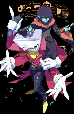 ambiguous_gender antennae_(anatomy) bottomwear carrying_another clothed clothing dancewear electronics eyeless fake_horns fangs feral food for_a_head fruit high-angle_view holding_knife holding_object holidays horn jack-o'-lantern knife male not_furry on_shoulder plant pumpkin red_clothing red_eyes red_horn red_suit screen screen_face skirt suit teeth television tutu vampire_costume motonoyoi deltarune halloween undertale_(series) jackenstein's_pumpkin kris_dreemurr shadow_mantle_(deltarune) tenna_(deltarune) animate_inanimate darkner human humanoid living_clothing living_pumpkin mammal object_head screen_head soul_(undertale) tv_head hi_res